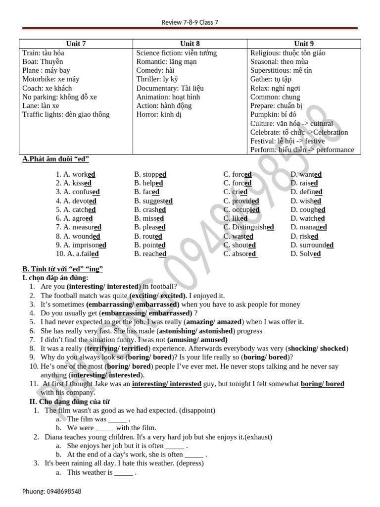 Class 7 Review: Units 7-9 Vocabulary | PDF