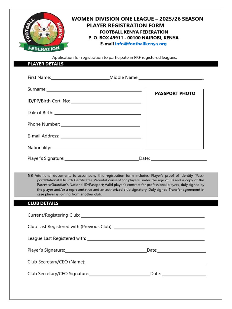 FKF Women Division One League 2025 - 26 - Player Registration Form | PDF