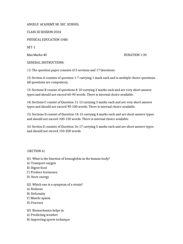 Class XI Physical Education Exam Paper | PDF | Biomechanics | Physiology