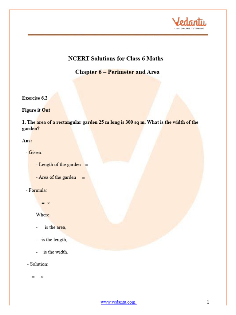 NCERT Solutions For Class 6 Maths Perimeter and Area Exercise 6.2 | PDF ...