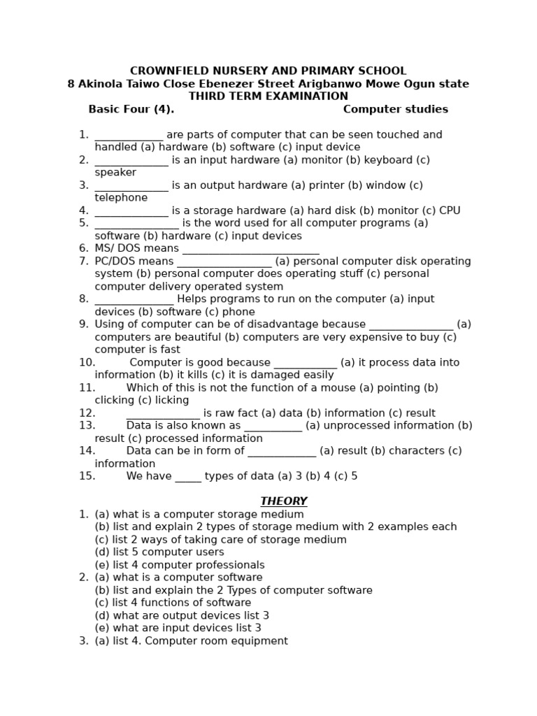 Basic Four Computer Studies Exam Guide | PDF