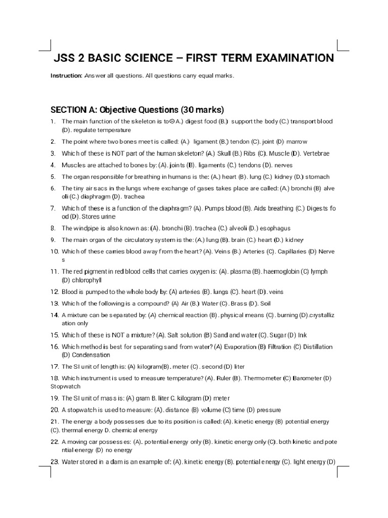 UTF8JSS2 Basic Science First Term Questions Phoenix | PDF