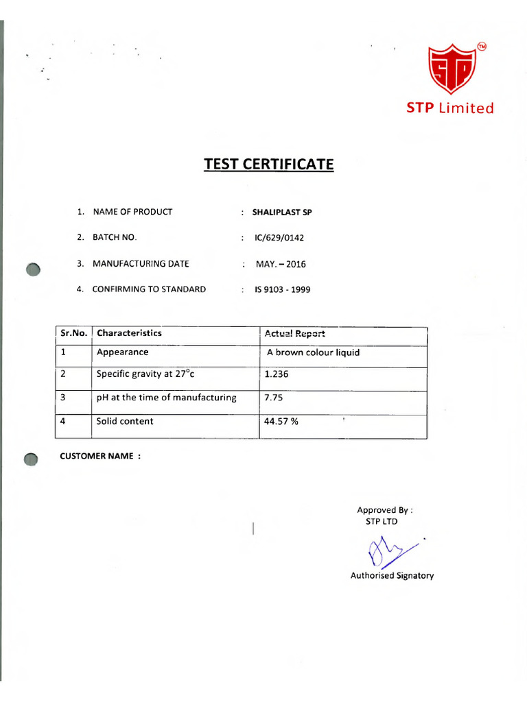 STP Limited Test Certificate for SHALIPLASTSP | PDF