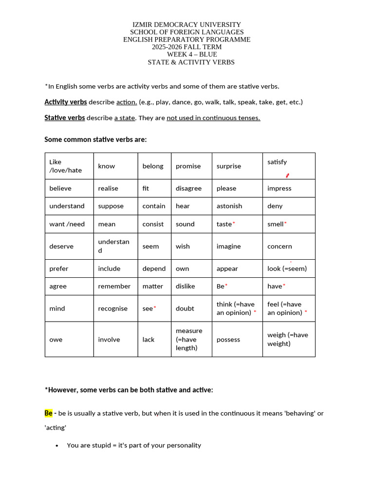 State and Activity Verbs Guide | PDF | Verb | English Language
