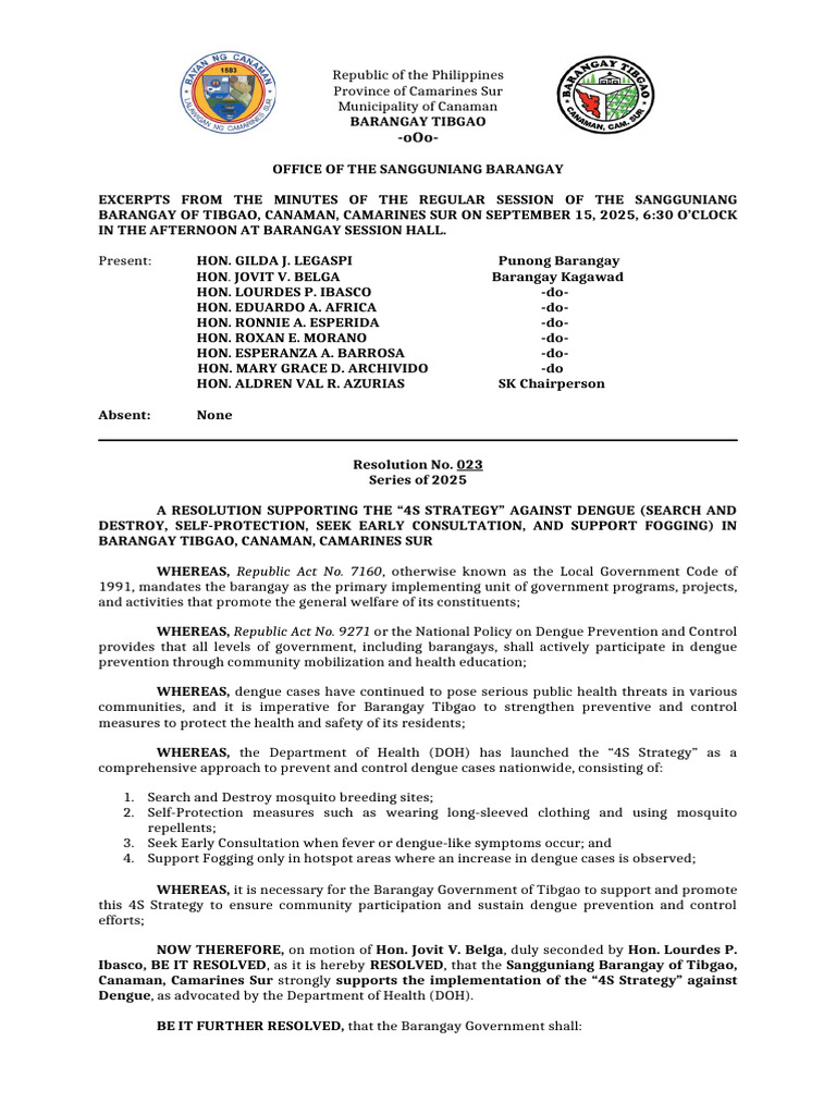 Barangay Tibgao Supports 4S Dengue Strategy | PDF
