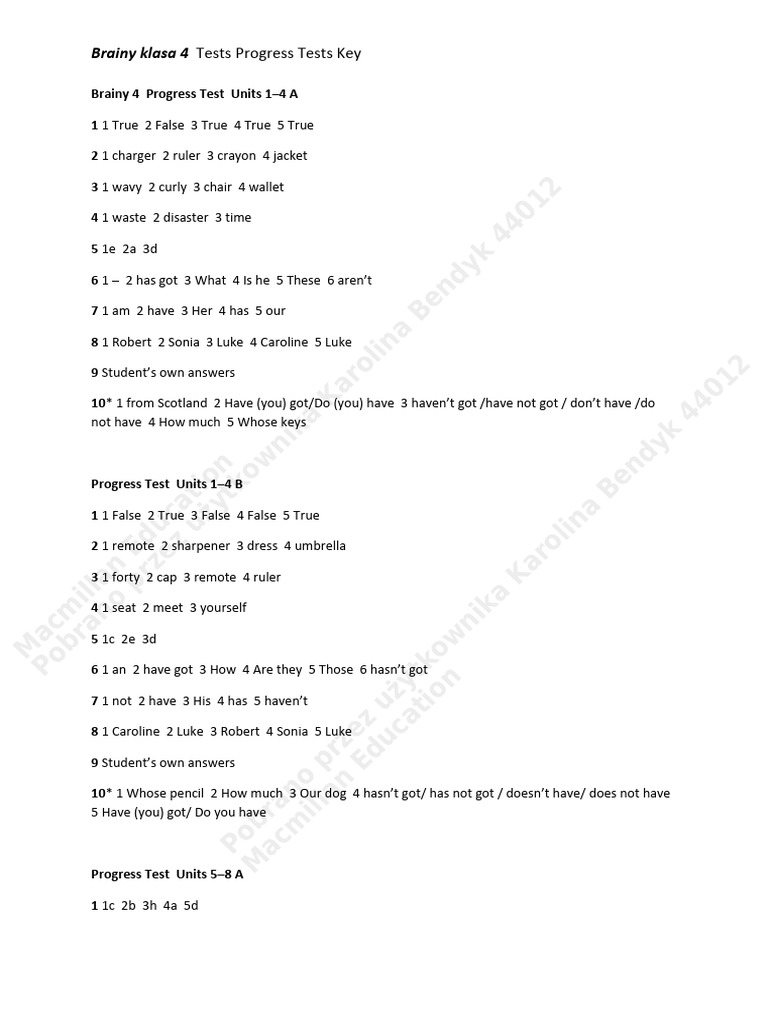 Brainy 4 Progress Tests Answer Key | PDF