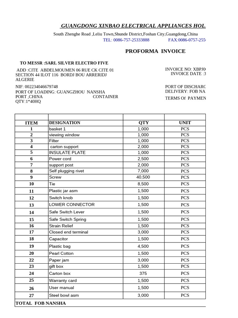 Proforma Invoice for Electrical Appliances | PDF | Equipment ...