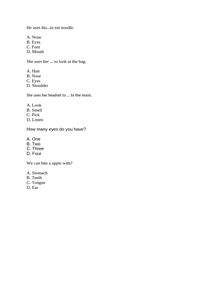 Fun Questions on Body Parts Usage | PDF