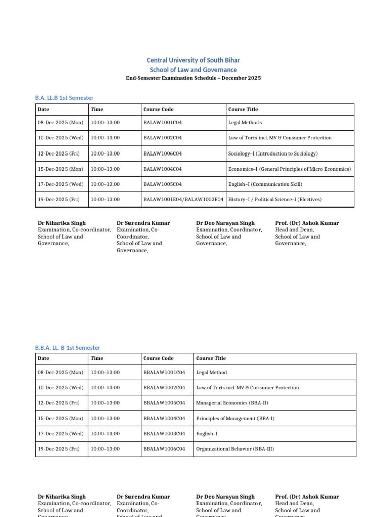 CUSB Law Exam Schedule December 2025 | PDF | Law School | Justice