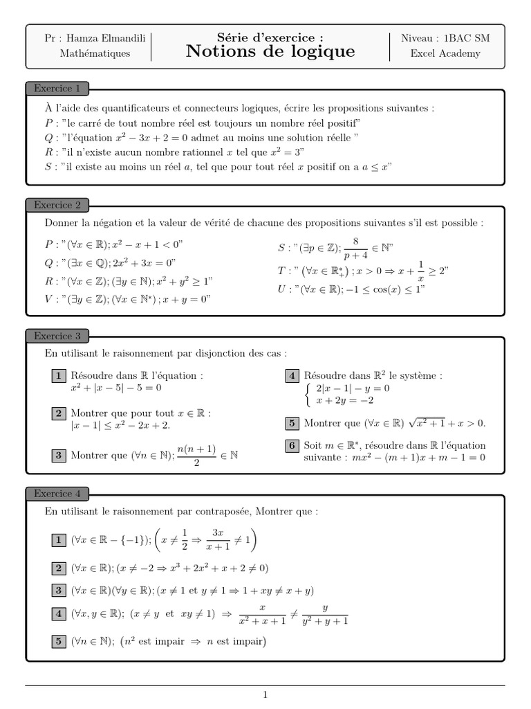 Exercices de logique et mathématiques 1BAC SM | PDF | Logique ...