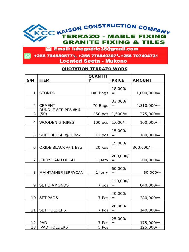 Quotation for Terrazzo Work Supplies | PDF