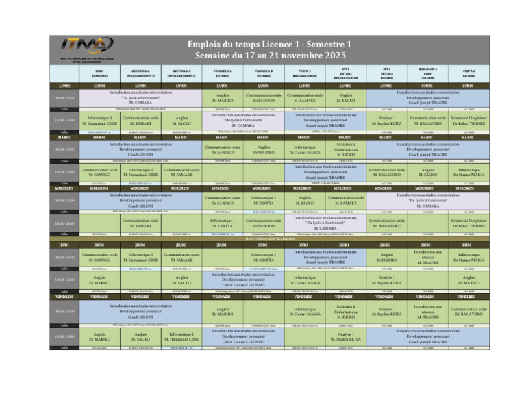 Emploi du temps Licence 1 Semestre 1 | PDF
