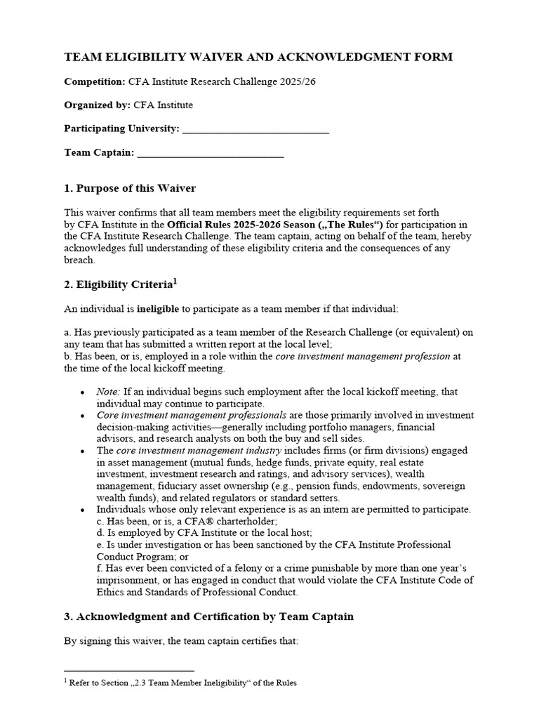 Cfa RC Team Eligibility Waiver and Acknowledgment Form | PDF ...