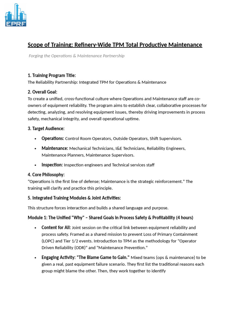 TPM - Scope of Training | PDF | Reliability Engineering