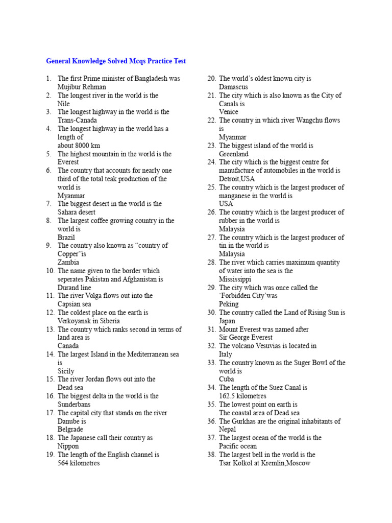 268650625 General Knowledge Solved Mcqs Practice Test | PDF | Pakistan ...
