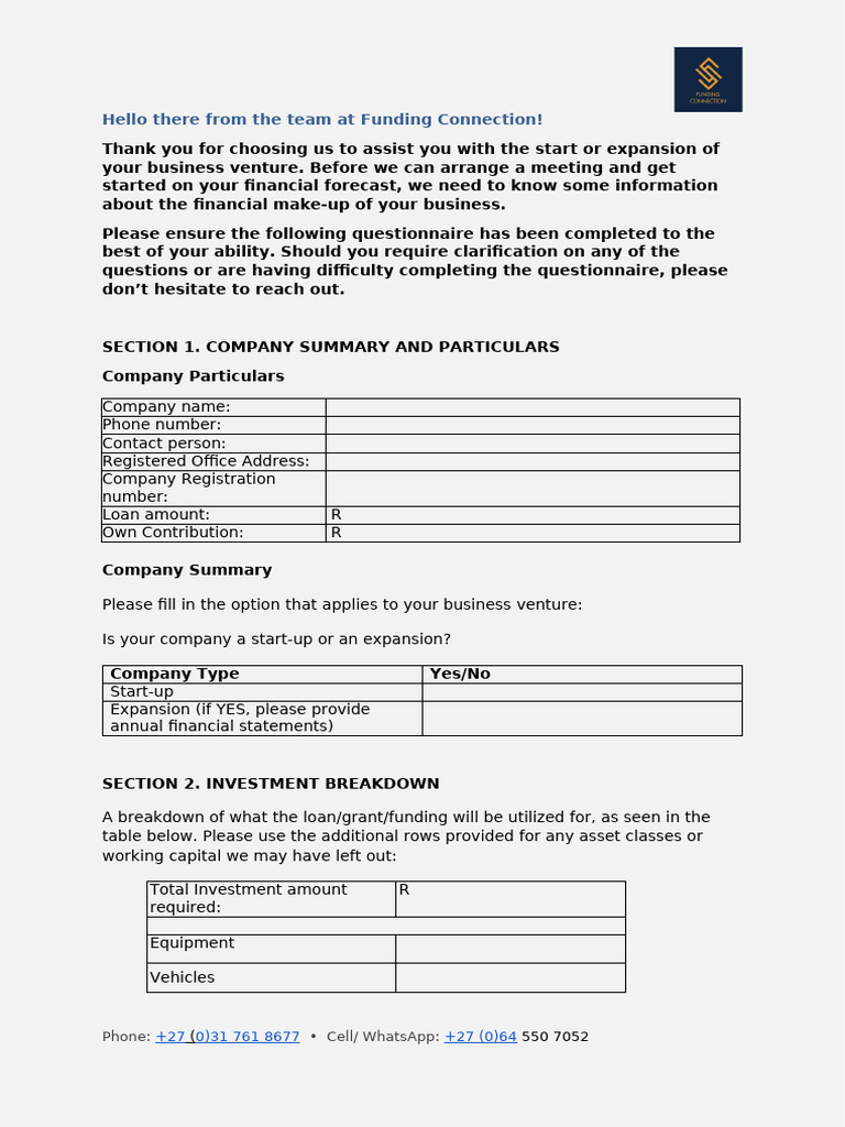 Business Funding Questionnaire Template | PDF | Pricing | Cost