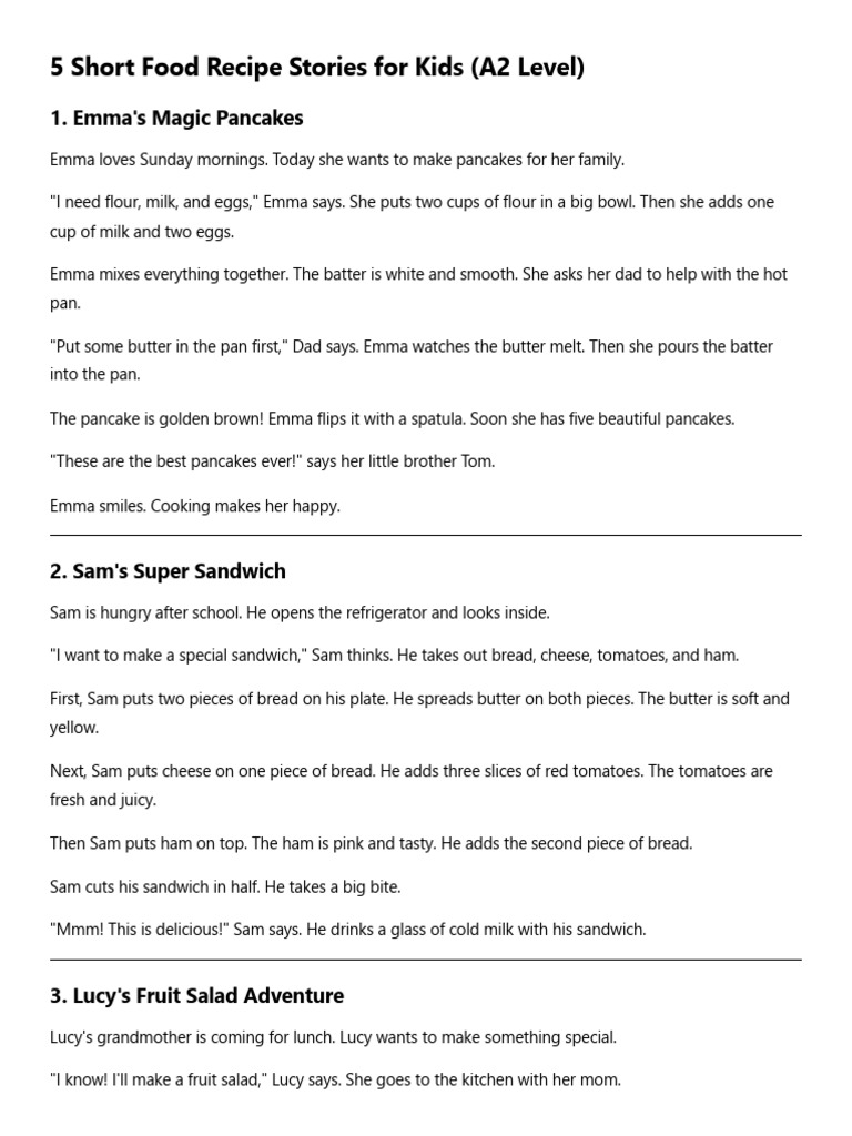 5 Short Food Recipe Stories For Kids (A2 Level) | PDF | Pancake | Breads