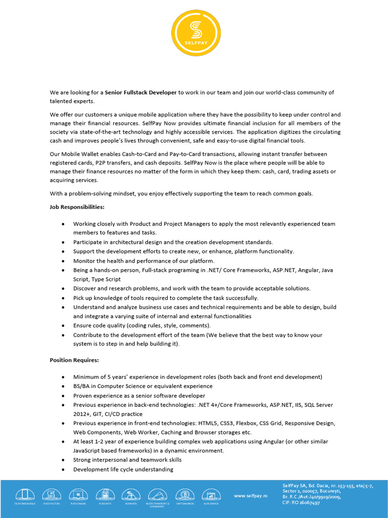 JD Senior Full Stack Developer - SelfPay Now | PDF | Cash | Software