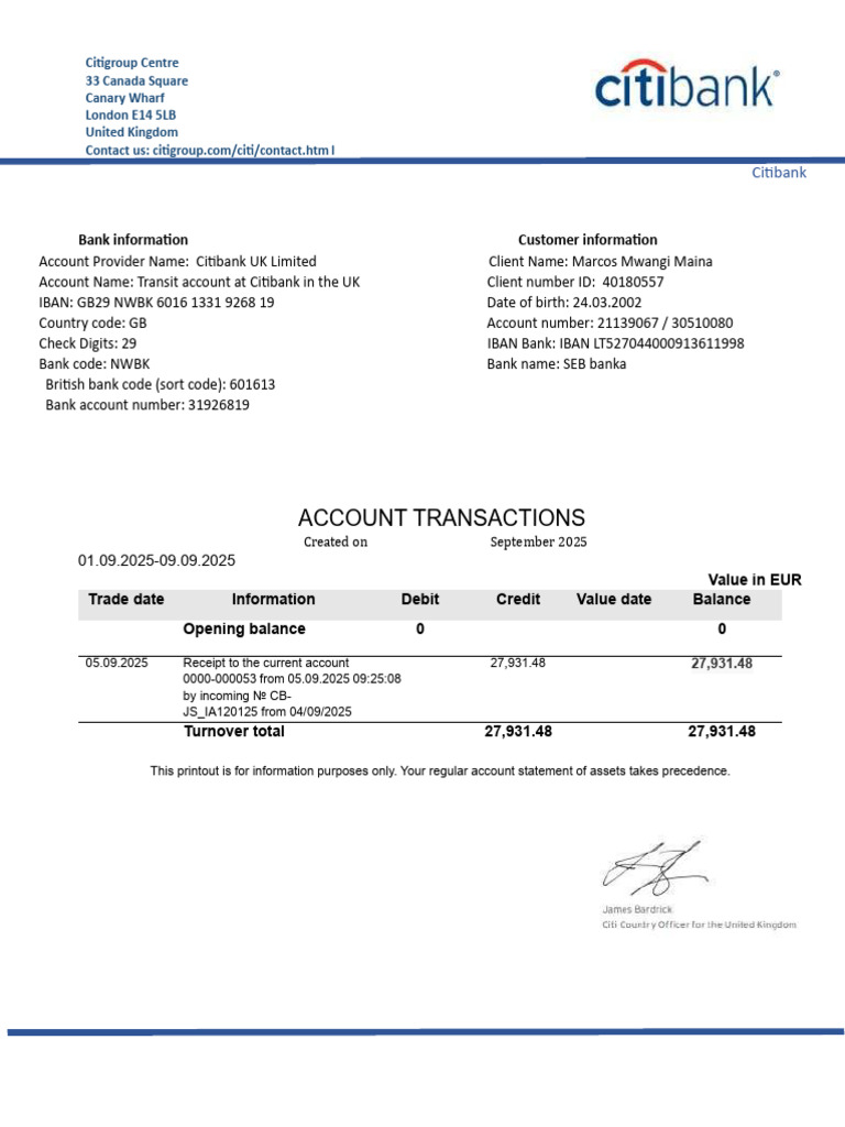 Citibank UK Account Statement Details | PDF | Banks | Citigroup