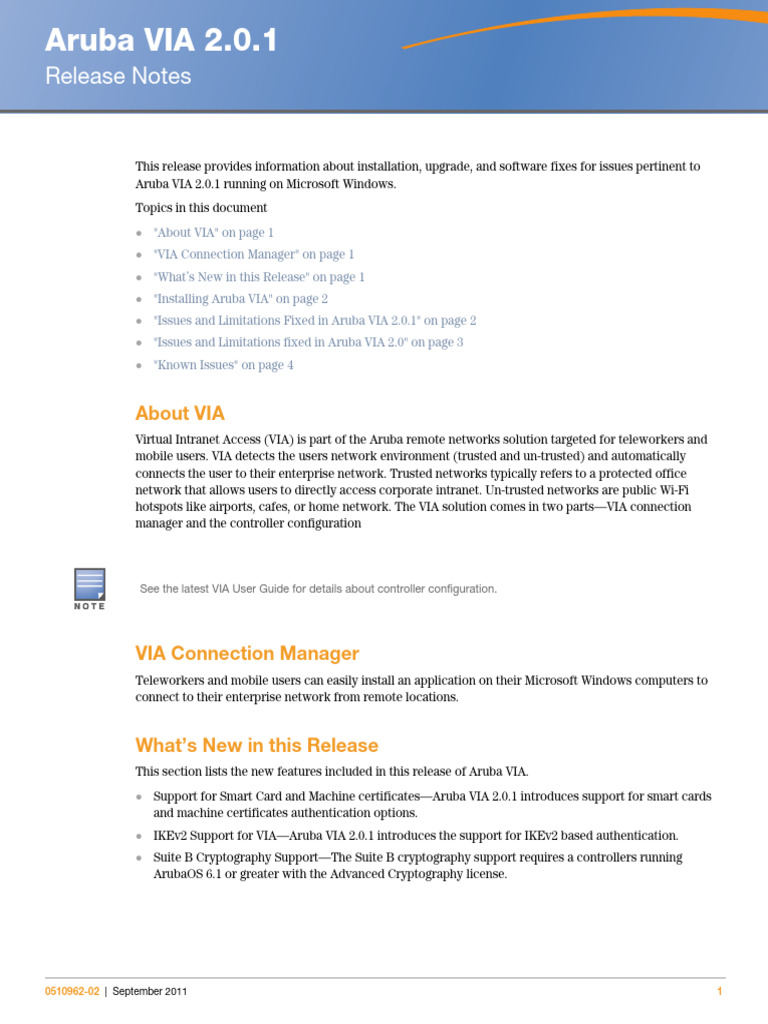 Aruba VIA 2.0.1 Release Notes Summary | PDF | Computer Network ...