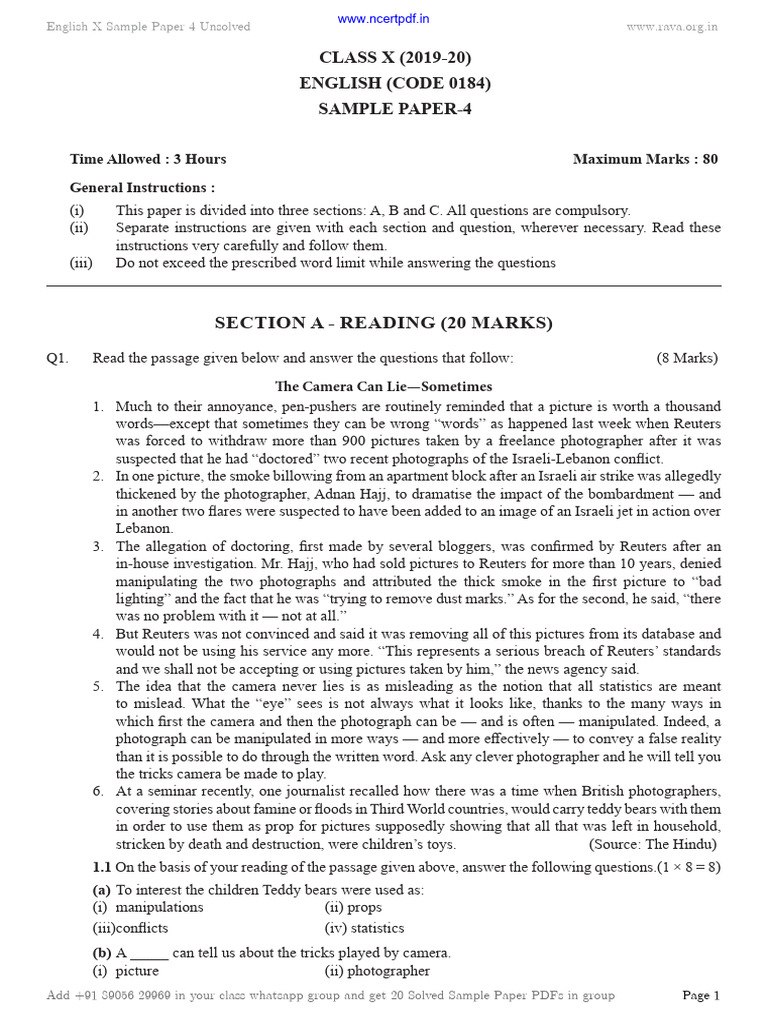 Class X English Sample Paper 4 Unsolved | PDF | Advertising