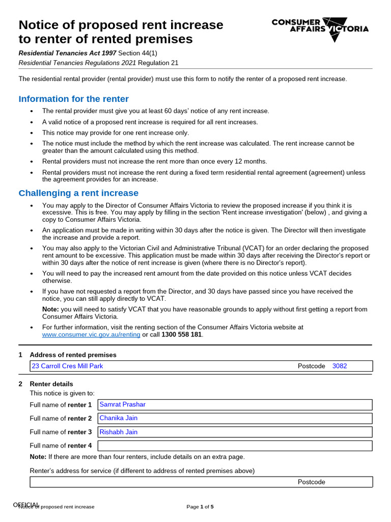 Proposed Rent Increase Notice | PDF | Renting | Lease