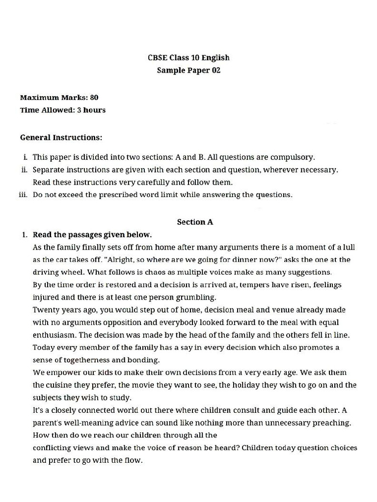 English Sample Paper Set 2 | PDF