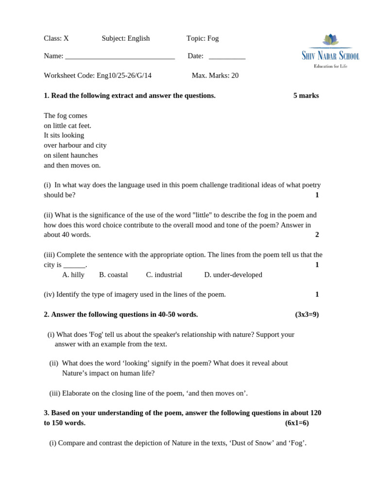 Analyzing the Poem "Fog" Worksheet | PDF