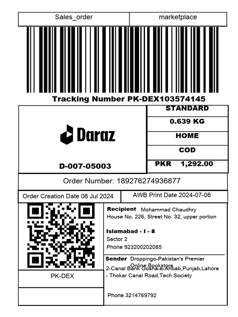Tracking Number PK-DEX103574145: Sales - Order Marketplace | PDF
