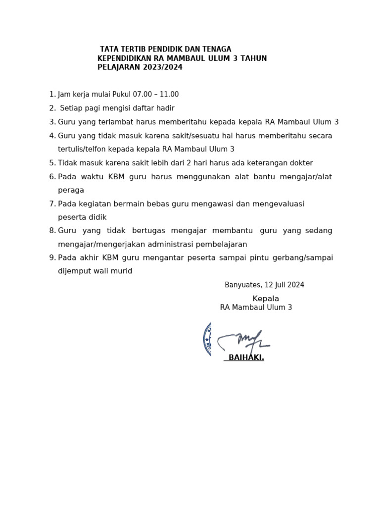 Tata Tertib Guru RA Mambaul Ulum 3 | PDF