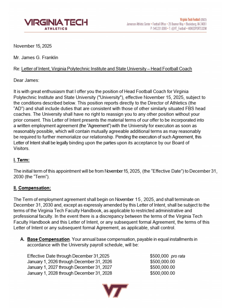 Virginia Tech Football Coach Offer Letter | PDF | Employee Benefits ...
