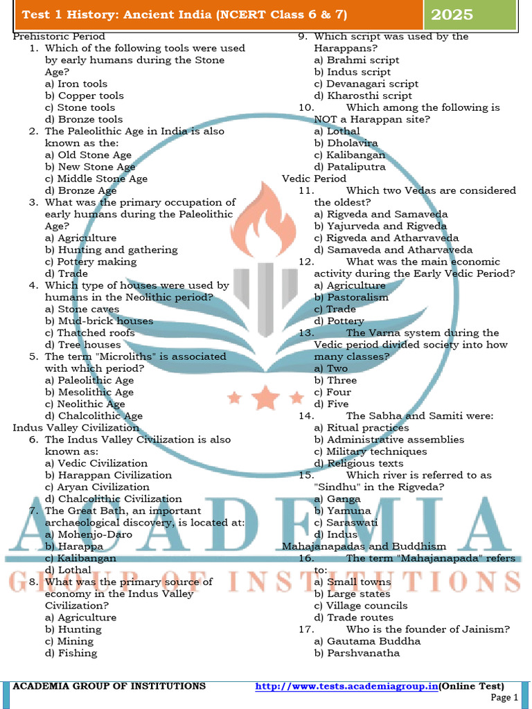 Ancient India History Test Questions | PDF | Ashoka | Vedas