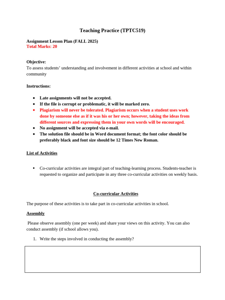 Fall 2025 Teaching Practice Assignment | PDF