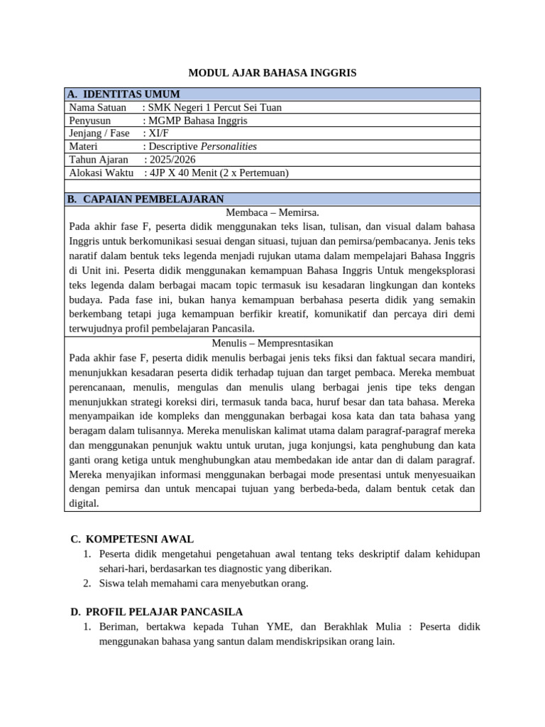Modul Ajar Descriptive Text Bahasa Inggris | PDF