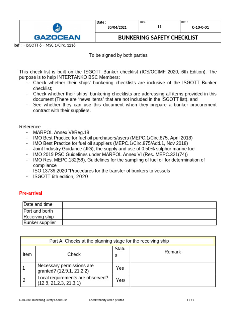 Bunkering Safety Checklist Guide | PDF | Fuel Oil