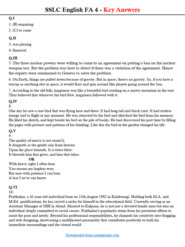 SSLC English FA 4 Key Answer 2023 24 Part 2 Compressed | PDF