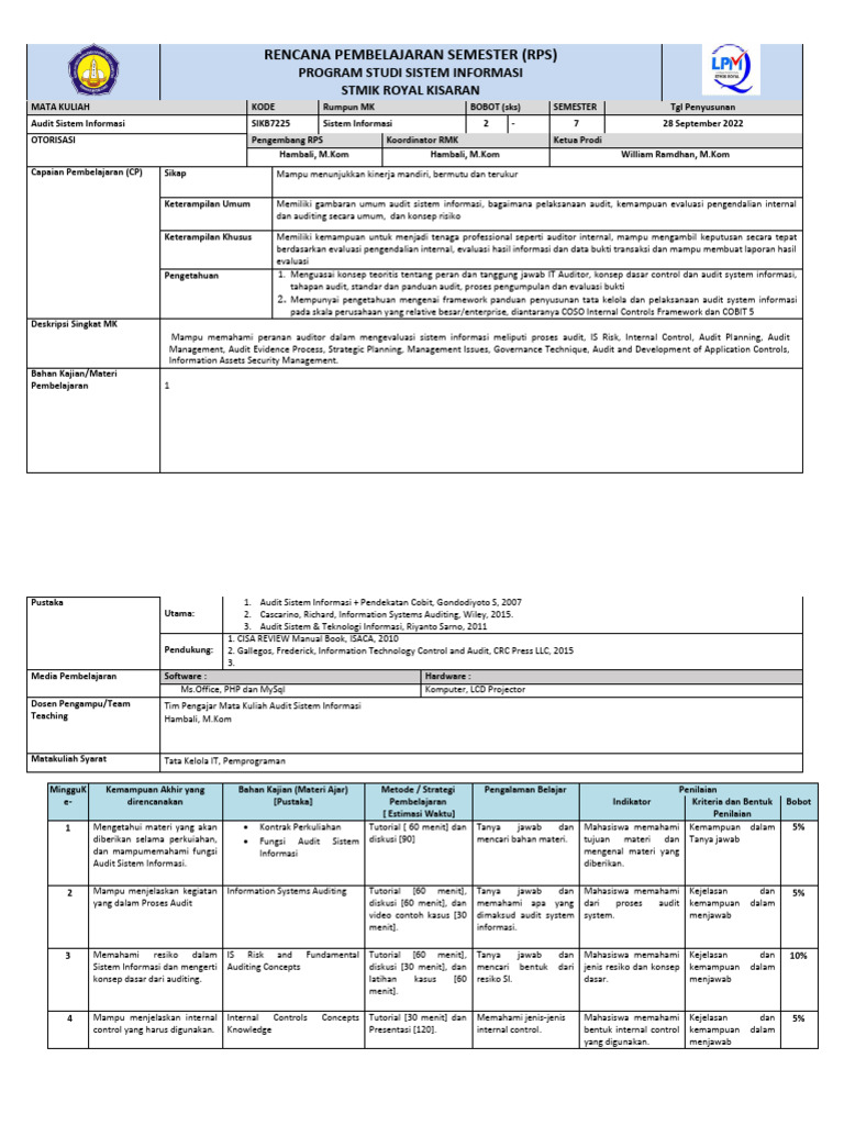 RPS Audit Sistem Informasi STMIK Kisaran | PDF