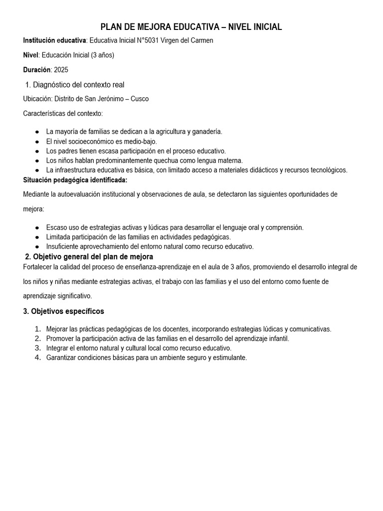 Plan de Mejora Educativa Inicial 2025 | PDF | Educación de la primera ...