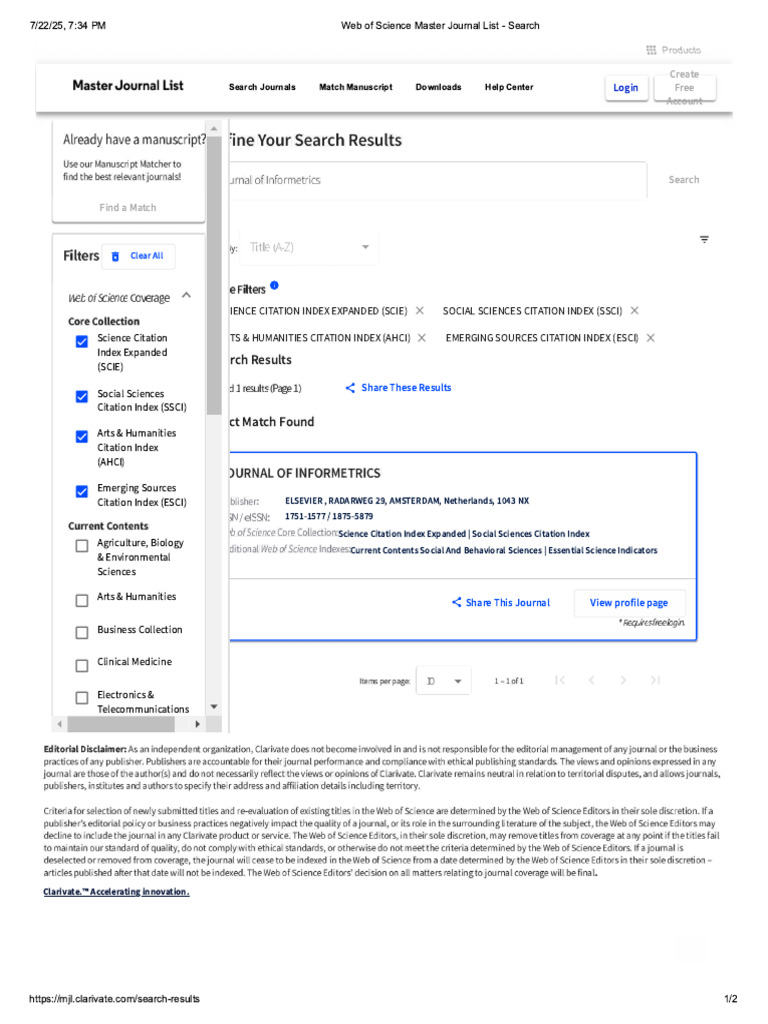 Web of Science Master Journal List - Search | PDF