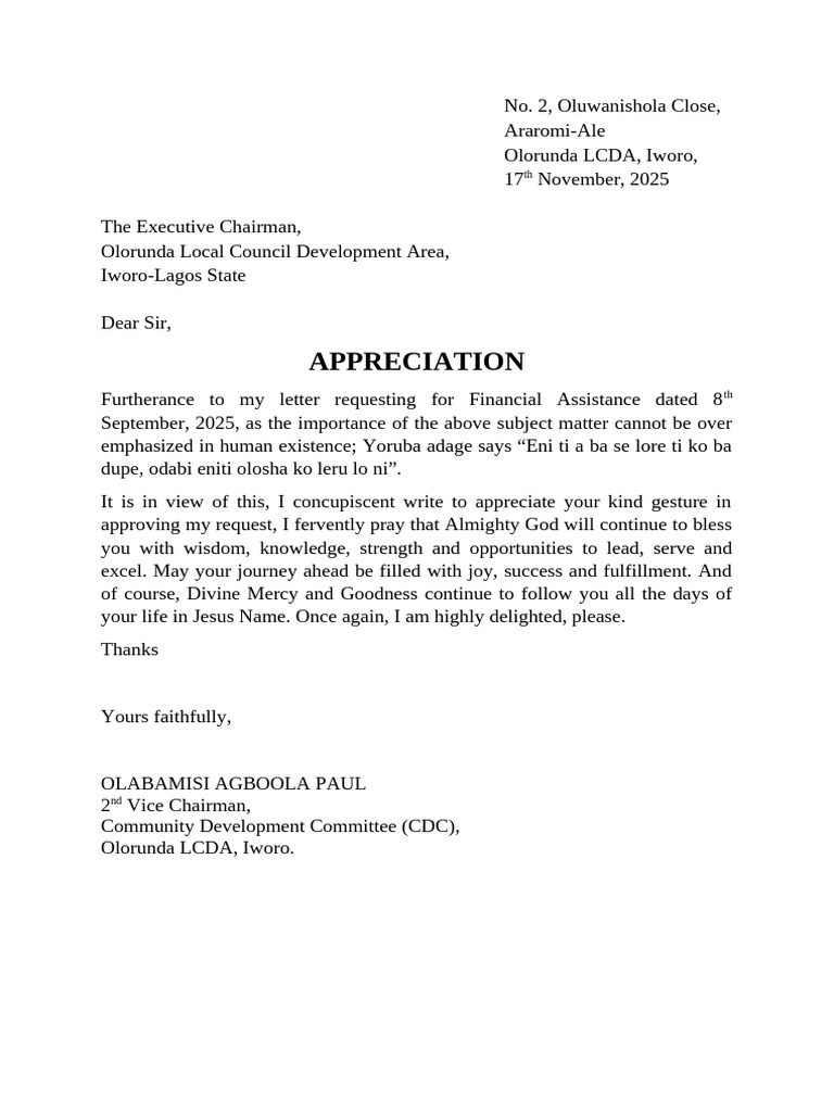 Appreciation Letter for Financial Assistance | PDF