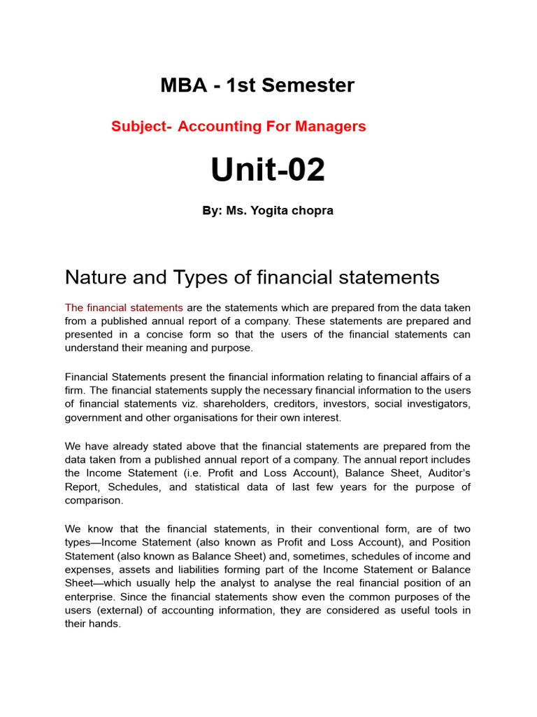Unit - 02 (Accounting For Managers Unit 2) | PDF | Financial Statement ...