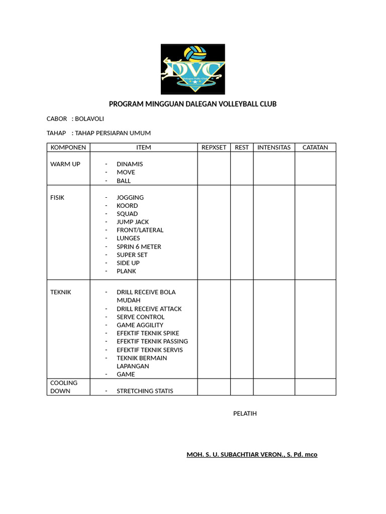 Program Mingguan Dalegan Volleyball Club | PDF
