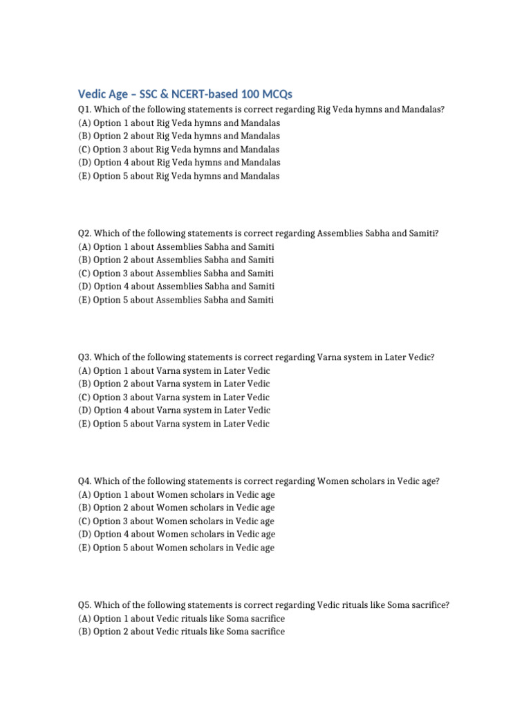 Vedic Age 100 MCQs | PDF | Vedas | Hindu Literature