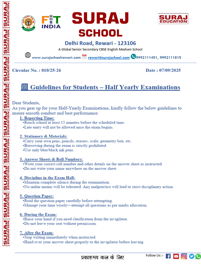 Half-Yearly Exam Guidelines for Students | PDF