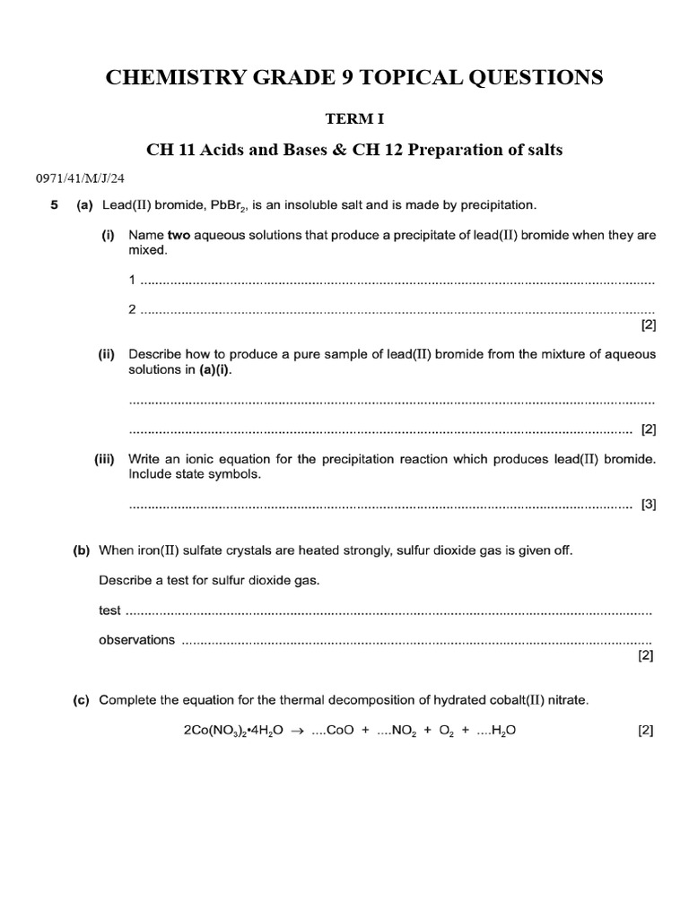 Grade 9 Chemistry Questions: Acids & Reactions | PDF