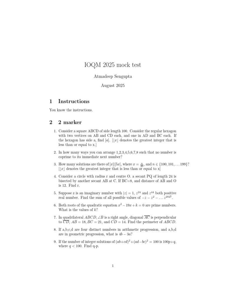 IOQM 2025 Mock Test | PDF | Numbers | Arithmetic