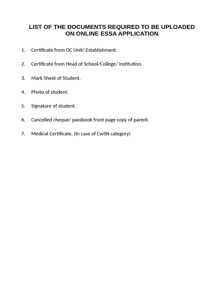 Required Documents for Online ESSA Application | PDF