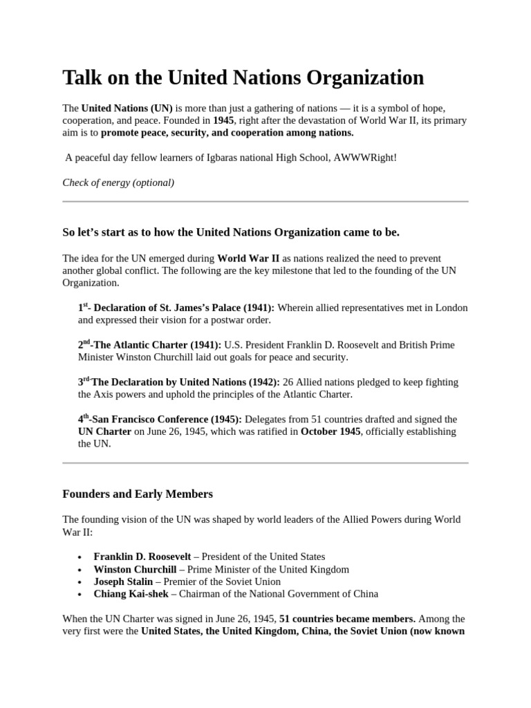 Talk On The United Nations Organization | PDF | United Nations ...
