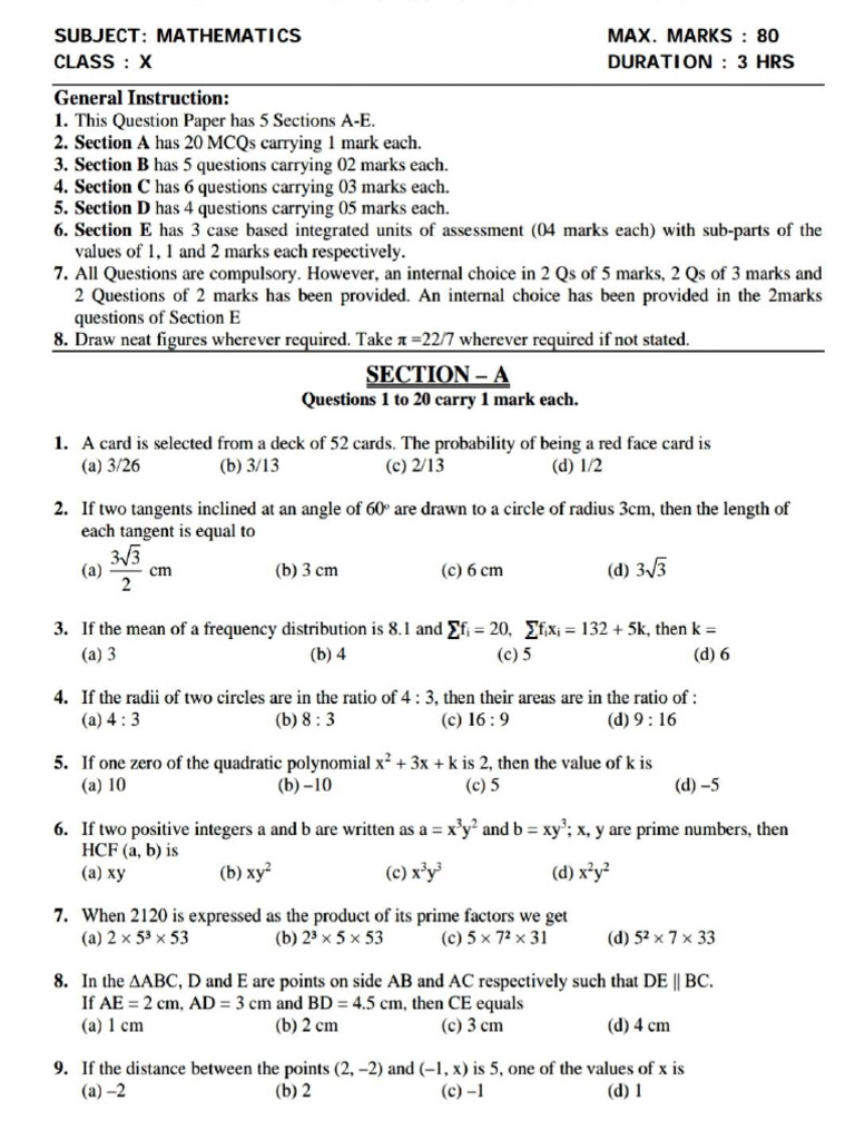 Class X Mathematics Question Paper | PDF | Circle | Area