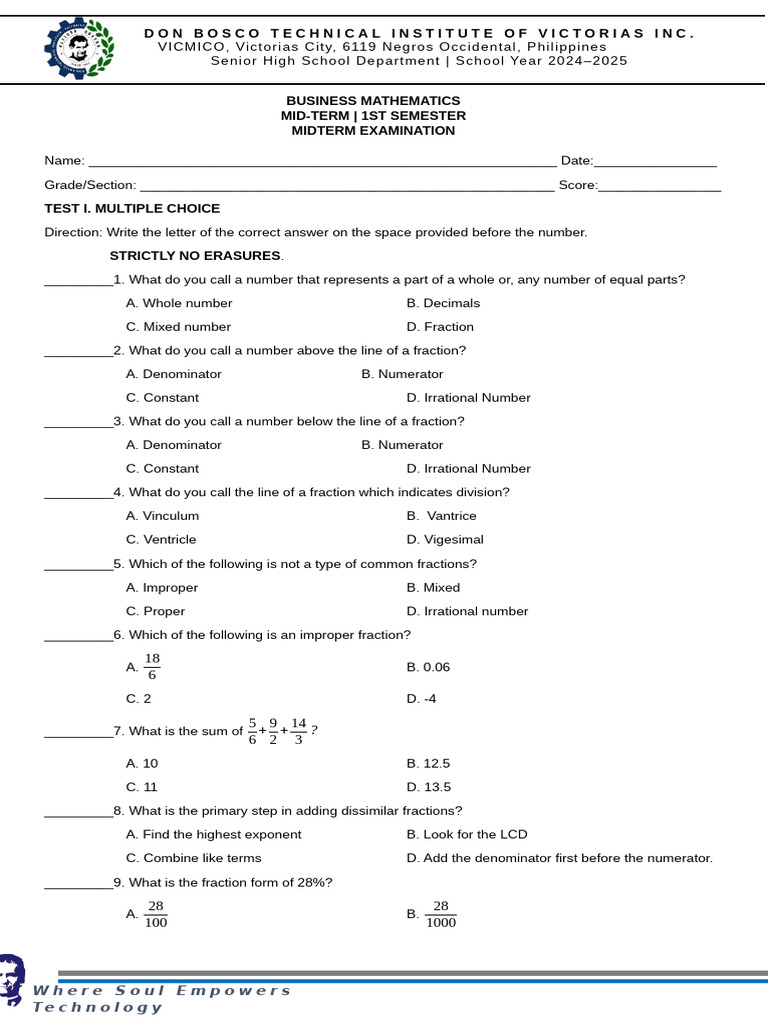 Mid Term Exam Bus-Math Guanella 11 | PDF | Numbers | Arithmetic